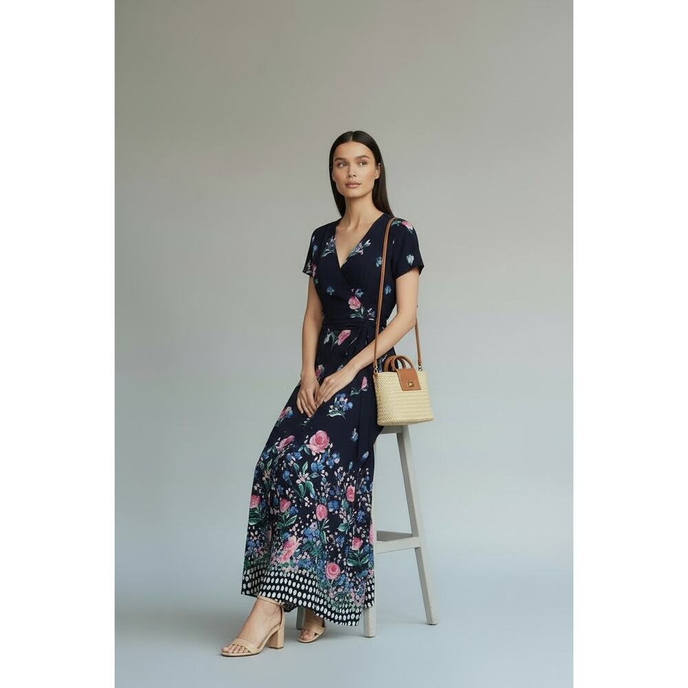 Eliza J Floral Print Surplice V-Neck Faux Wrap Tie Waist Maxi Dress Size 2 NWOT